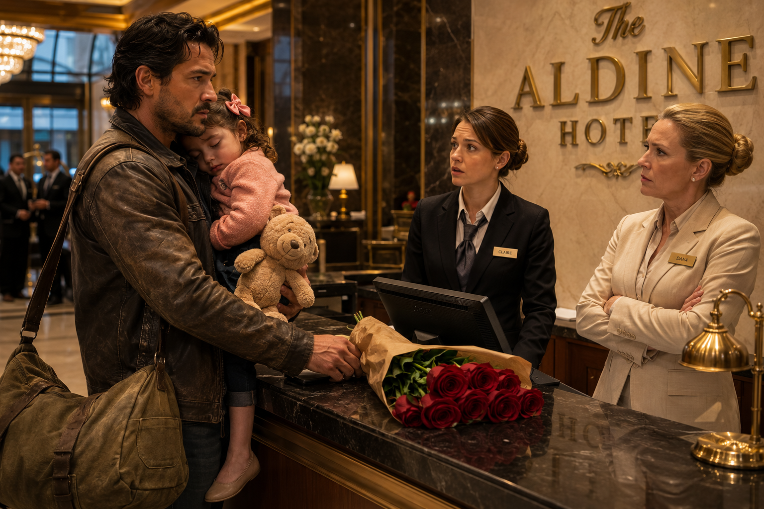 "YOU DON'T LOOK LIKE YOU BELONG HERE!" — Hotel Staff Humiliated a Single Dad Carrying His Sleeping Daughter... Until the Whole Lobby Learned His Name Was Carved Above the Entrance