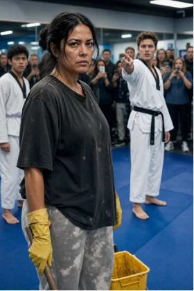 The silence that fell over West Valley Martial Arts Gym was heavy, suffocating, and absolute. It was the kind of silence that happens right before a lightning strike. Jake stood in the center of the blue mat, his chest heaving slightly under his pristine white dobok, a smirk plastered across his face. He bounced on the balls of his feet, holding his arms out wide like a gladiator demanding applause from a Roman colosseum.