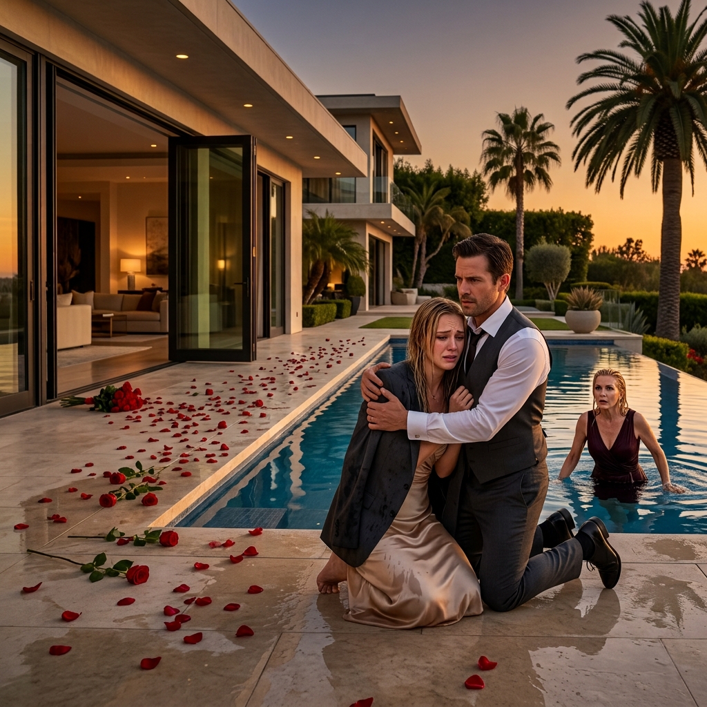 SHOCKING TWIST: The Billionaire Dropped His Roses, Pulled His Drowning Wife from the Pool, and Said 9 Words That Unraveled His Mother’s 25-Year Secret!