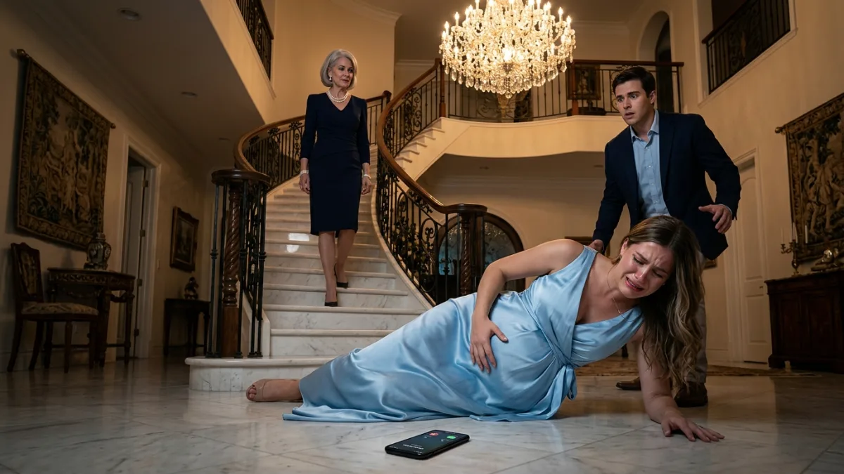 The sharp sound of Claire’s fall echoed through the grand ballroom, instantly cutting through the low murmur of the guests. Music ground to a halt, and champagne glasses slipped from frozen fingers, shattering against the floor.