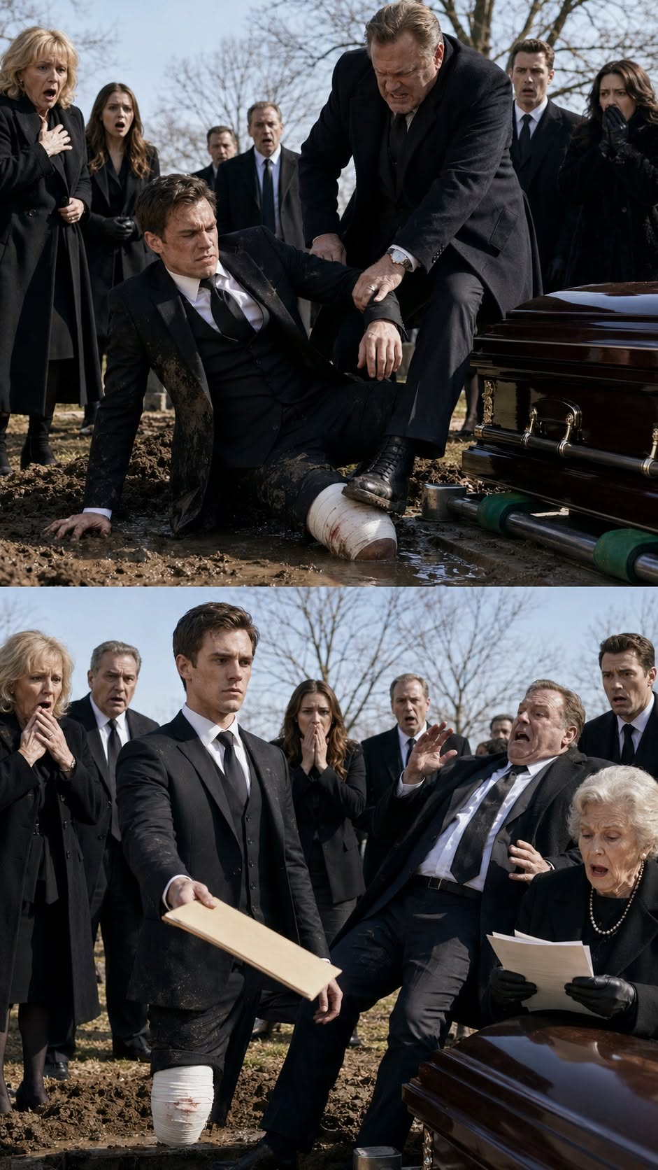 The heavy manila folder landed on the polished mahogany coffin with a sharp, echoing slap that cut through the frozen cemetery air like a whip.