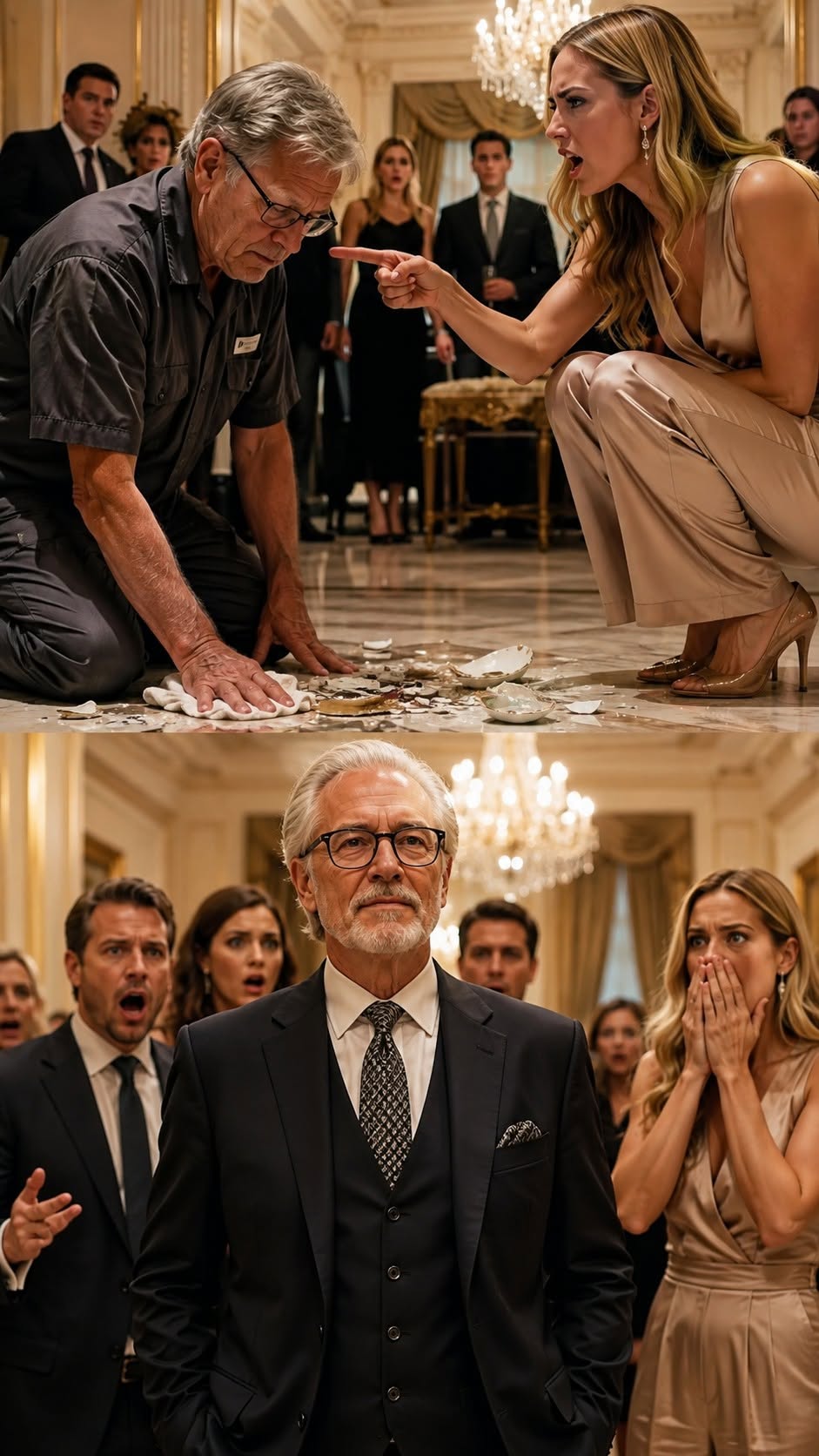 The broken porcelain crunched beneath my cheap rubber-soled shoes, but I didn't rush to clean it up. I stayed kneeling on the marble floor, letting Serena Cross tower over me with her superior smirk.