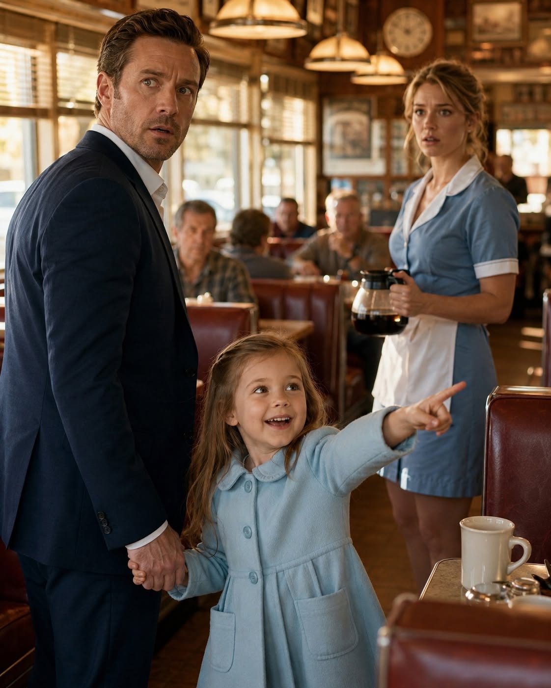 The silence in the diner was so thick Liam felt he could touch it. Riley was sobbing, her small hands reaching toward the waitress—toward her—with a desperation that broke Liam’s heart.