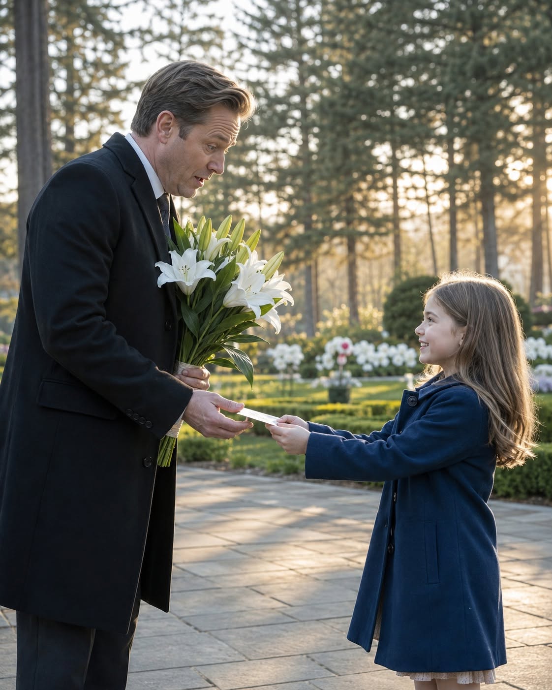 The autumn wind whipped through the iron cemetery gates, but Warren Hail felt nothing. He remained on his knees in the damp grass, his tailored black coat stained with mud, staring up at a seven-year-old girl whose words had just dismantled his entire universe.