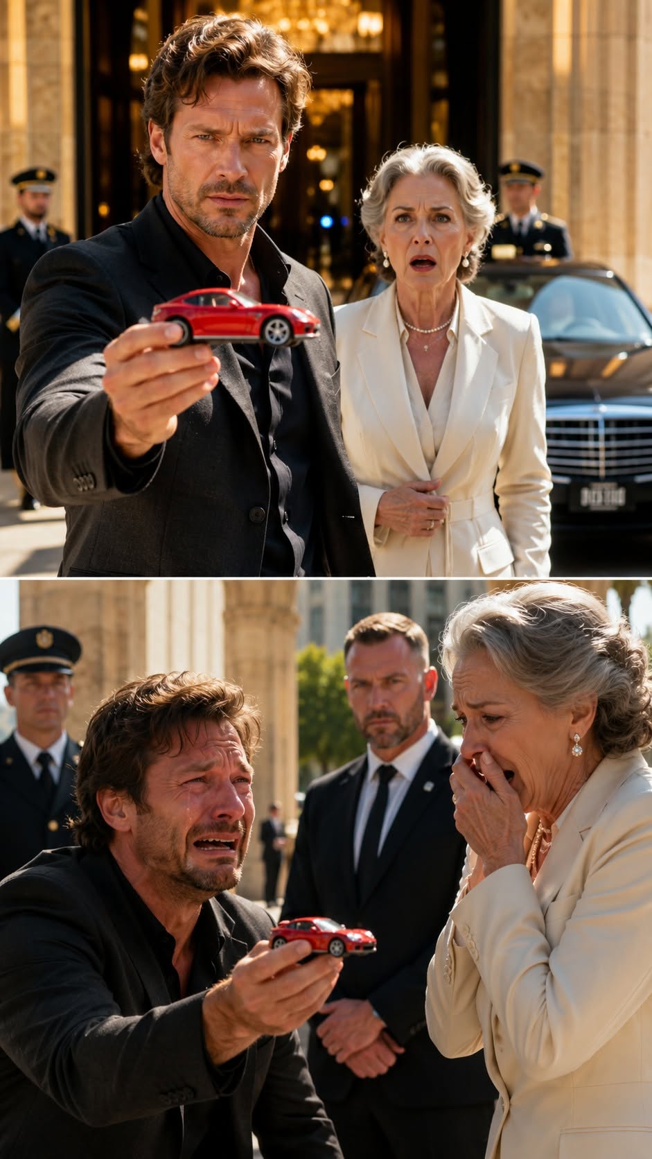 The plastic snap of the hidden compartment inside the red toy car broke the tense silence of the Grand Imperial Hotel entrance like a gunshot.