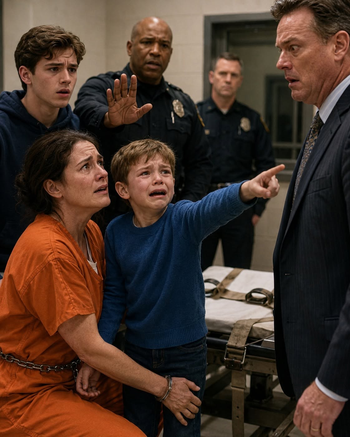 The execution chamber’s holding room collapsed into immediate, breathtaking chaos.  Ethan’s small, tremble-racked finger was pinned squarely on Victor Hayes. The silence that followed felt like the split second before a glass tower shatters.