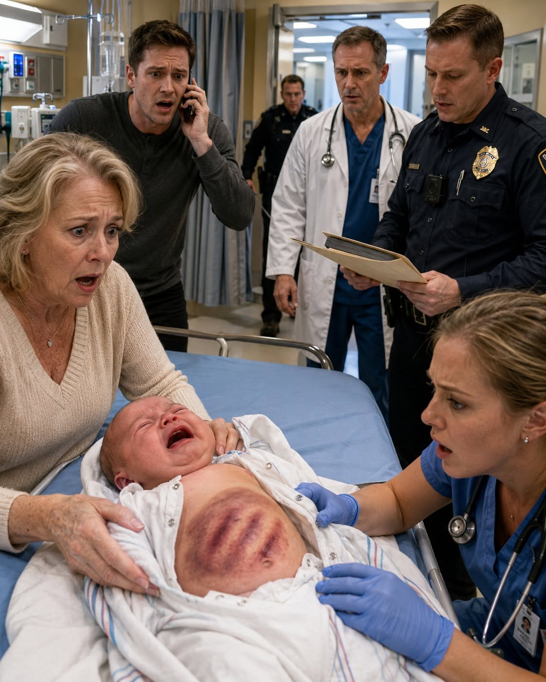 The hospital room felt as cold as a tomb. The officer, whose badge identified him as Detective Thomas, opened the thick manila folder. Across from him, the doctor held up a series of X-rays against the light box, illuminating the fragile, glowing outline of my two-month-old grandson’s skeleton.