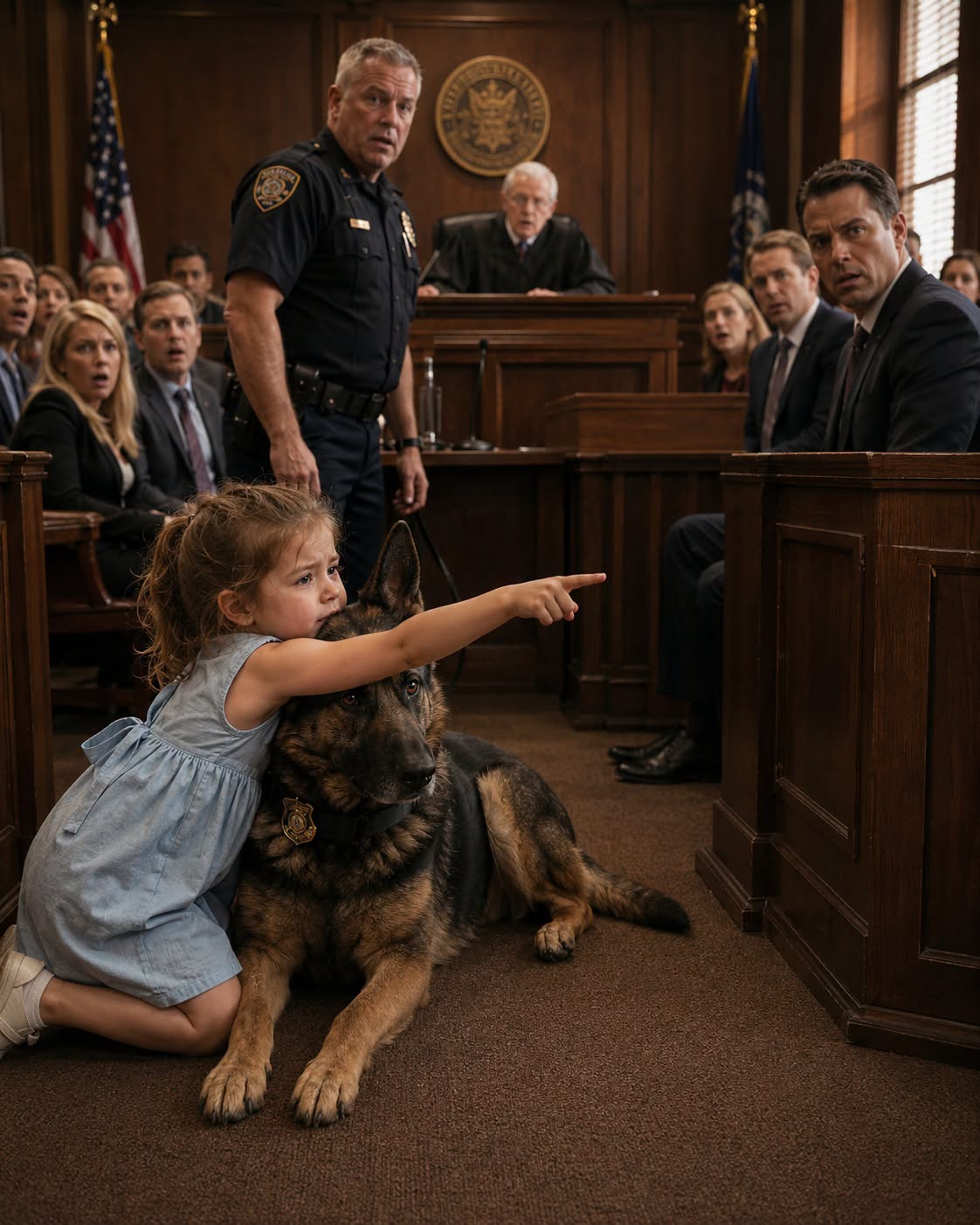The sudden, sharp echo of Ranger’s bark cut through the heavy silence of the courtroom like shattering glass. Every head snapped toward the public gallery, where rows of spectators sat frozen under the fluorescent lights.