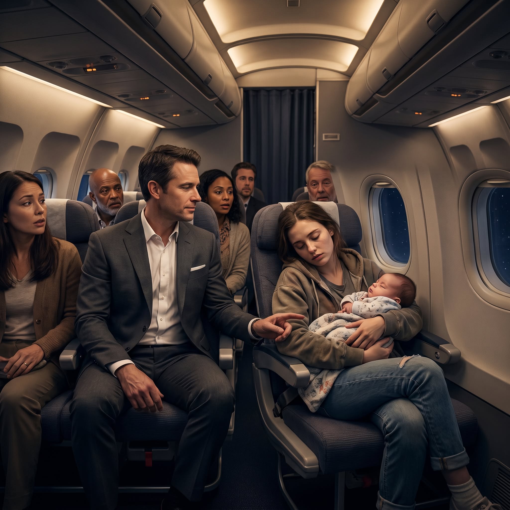 The man across the aisle snapped his newspaper back into place with a sharp, crisp crack that sounded like a gunshot in the tense cabin. Around us, the other passengers retreated behind their screens, books, and eye masks, collectively building an invisible wall of exclusion. They didn't want to look at the tired mother. They didn't want to look at the crying child. They just wanted us to disappear.