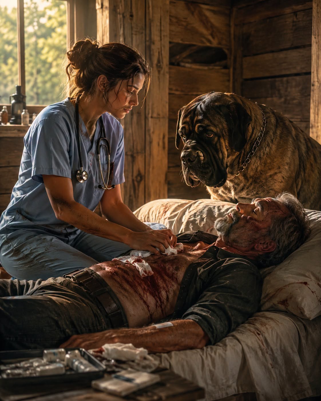 The wind howled outside the cabin, whipping the pine branches against the weathered glass like desperate fingers begging for entry. Inside, the heavy silence was punctuated only by the steady, rhythmic beep of the makeshift heart monitor Ren had cobbled together from old trauma supplies, and the shallow, whistling respirations of Aldrich Steel.