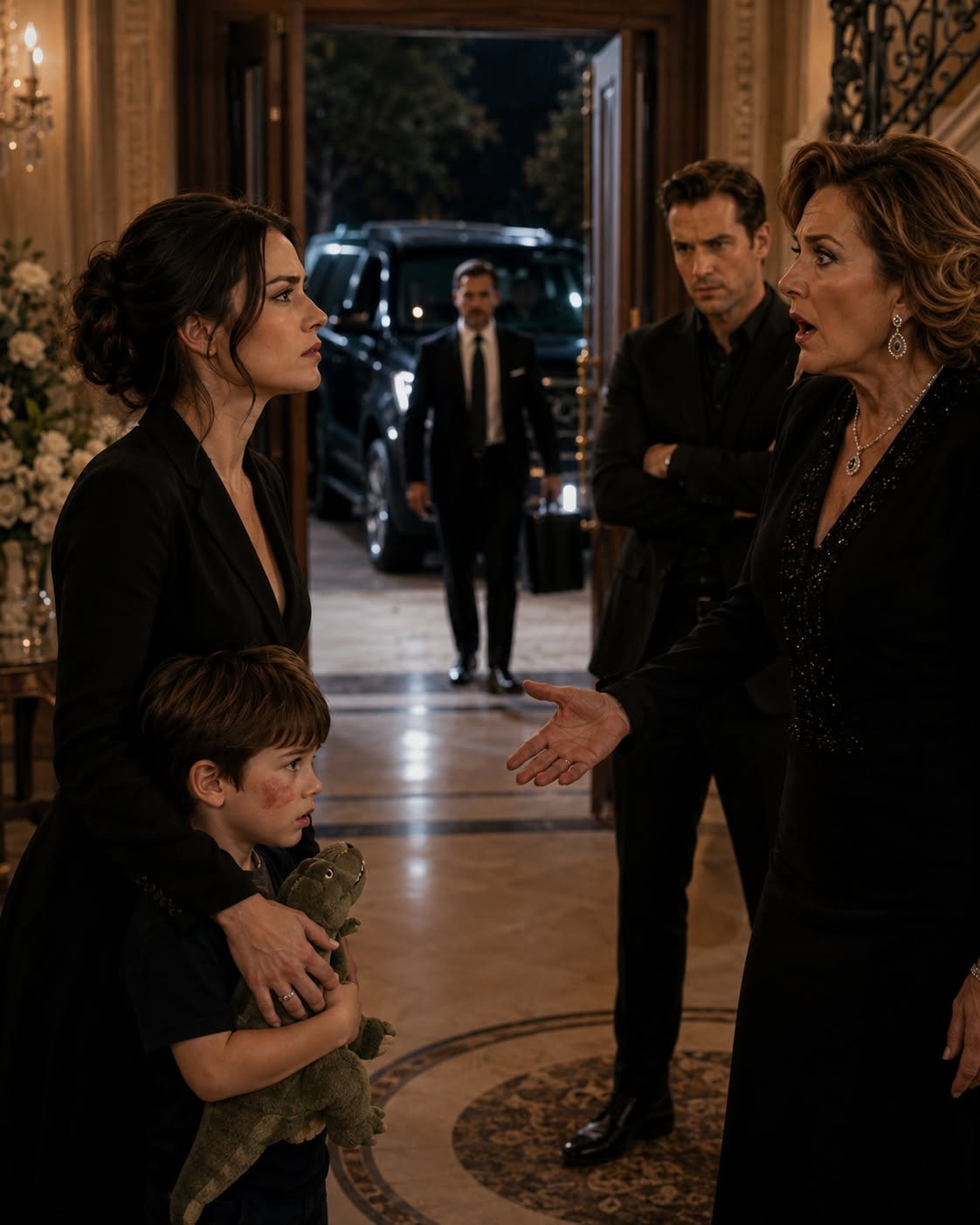 The gravel crunched beneath the heavy tires of the black SUV, a sound that cut through the tense silence of the foyer like a crack of thunder. Marjorie’s composure flickered, her hand instinctively drifting to the pearl necklace resting at her throat. Grant straightened up from the staircase, his smirk wavering as the driver stepped out, holding open the passenger door.
