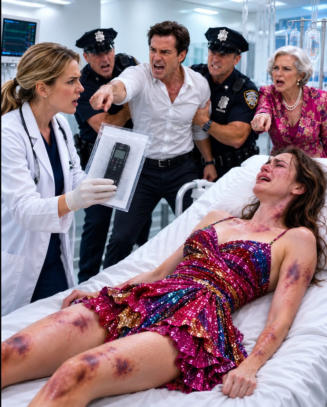 The atmosphere in the trauma bay shifted from clinical chaos to suffocating stillness. Officer Thompson held the tiny coin-sized audio recorder between his thumb and index finger like a piece of unexploded ordnance.