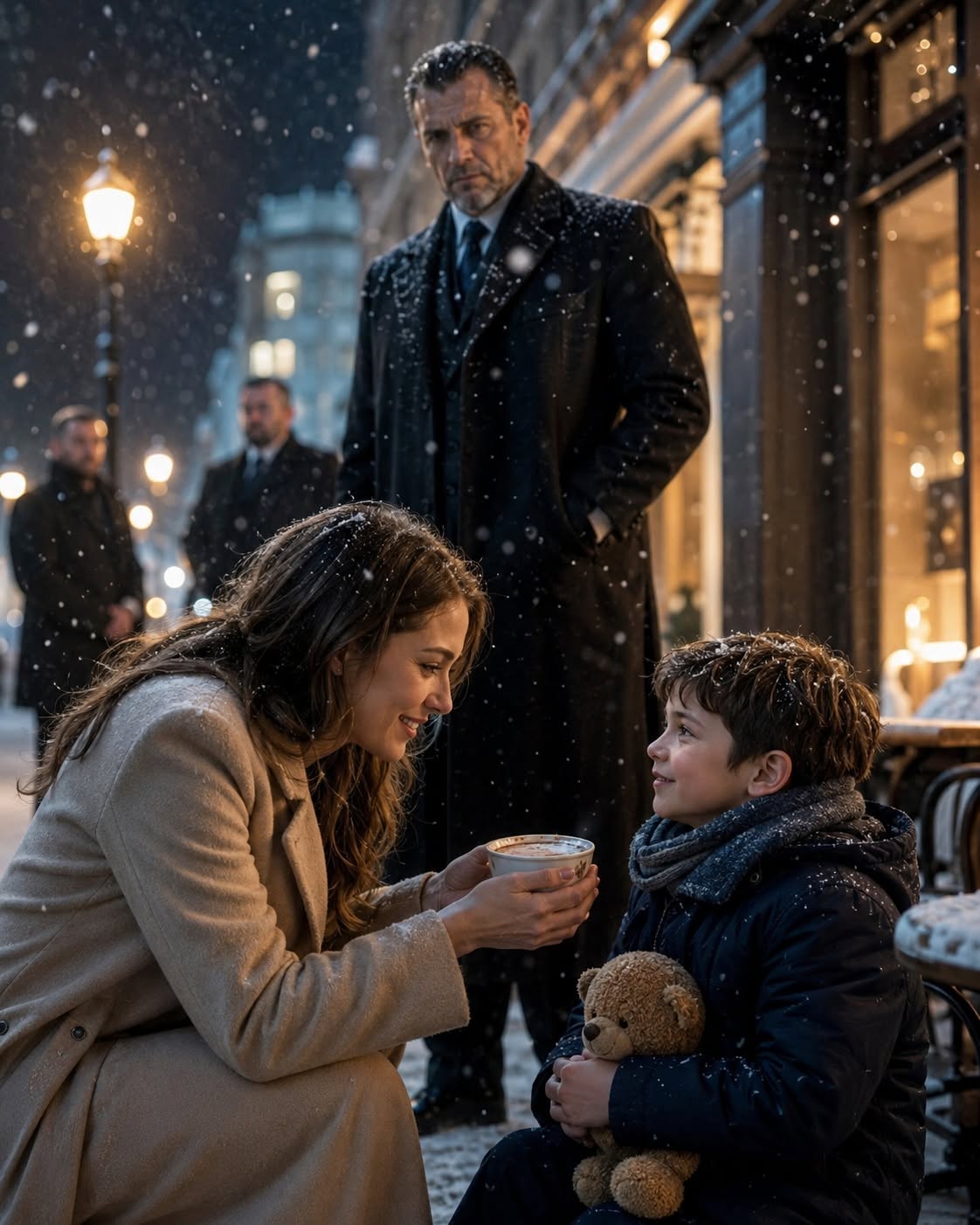 Gabriel Mercer’s eyes did not soften, even as he held his son’s small hand inside the shielded leather interior of the central SUV. Outside, rain fell like shattered glass against the blacked-out armor plating.