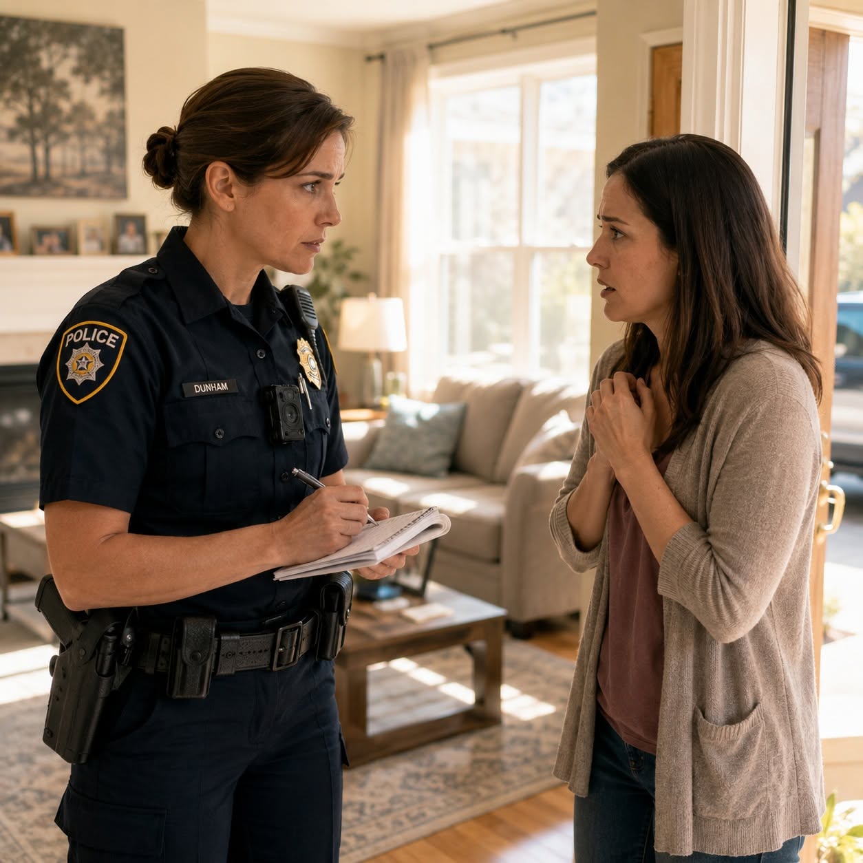 Officer Marcus Dunham’s hand dropped instinctively to the heavy polymer grip of his service weapon. The afternoon sun beat down on the manicured suburban asphalt of Evergreen, casting harsh glints off the windshield of the father’s sedan. Arthur Vance stood in his own driveway, a picture of immaculate domesticity—pressed khakis, a clean button-down shirt, and a smile that didn't reach his cold, calculating eyes.