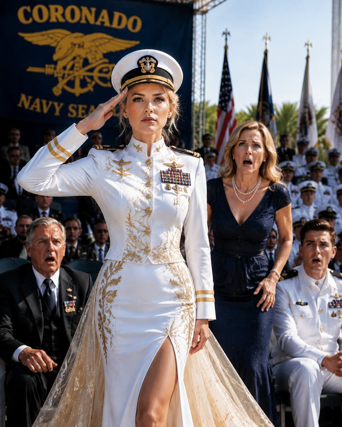 The silence in the grand courtyard of the Naval Special Warfare Center was heavy, broken only by the distant crashing of the Pacific waves against the Coronado shores. Hundreds of Navy SEALs, high-ranking officers, distinguished guests, and proud families stood frozen.