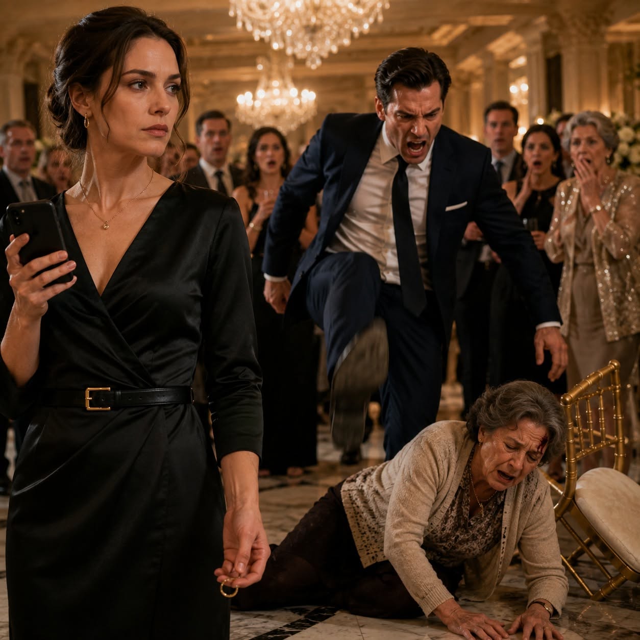 The heavy crystal chandeliers overhead hummed with a quiet, expensive electricity, casting a golden glow over the panic setting in across the ballroom. The whispers began as a low murmur—like dry leaves scraping across pavement—before rising into a sharp chorus of gasps.