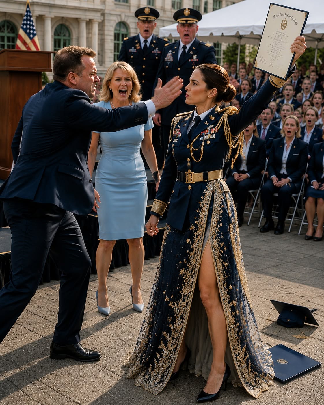 The static hum of the microphone died instantly, replaced by a profound, suffocating silence that settled over the entire Westbridge Military Academy courtyard.
