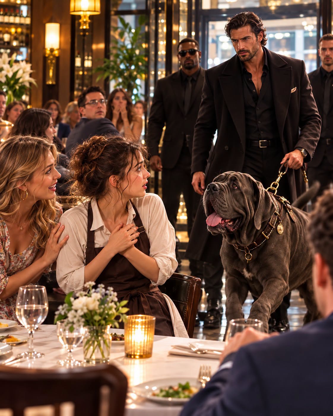 The water glass remained between them, a cylinder of ice water reflecting the dim, amber restaurant lights. Beneath the white linen tablecloth, the massive Neapolitan mastiff shifted its weight, a heavy, rhythmic thud that vibrated directly through the floorboards and into Wren’s worn-out work shoes.