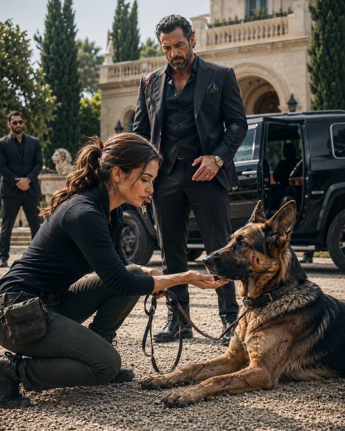 The fluorescent lights of the examination room hummed, a low, persistent drone that buzzed against the raw edges of my nerves. Roman Kyodori didn’t move. He stood in the doorway like a statue carved from obsidian and bad intentions, his dark coat still damp from the city mist outside. He didn’t look like a man who owned a rescue German Shepherd; he looked like a man who owned the street the clinic sat on, the pavement beneath it, and the city council that approved the zoning.