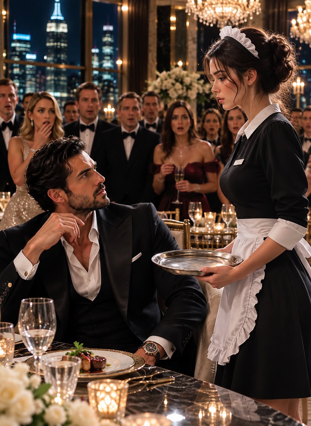 Khalid Al-Masri stood less than two feet away from me, his sharp gaze cutting straight through the crisp black-and-white uniform of a hotel waitress. The billionaire who usually commanded rooms full of prime ministers and tech moguls now looked as though he were staring at a ghost.