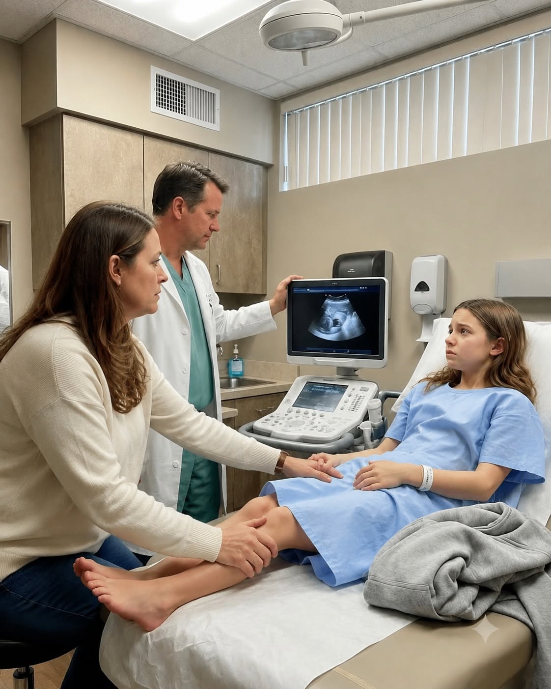 “He called our 15-year-old daughter ‘attention-seeking’ and refused to let me take her to the hospital. When I defied him and rushed her in anyway, the doctor’s blood ran cold at the ultrasound screen, turning the monitor away from us in absolute horror. What they found inside her wasn’t a medical anomaly, a tumor, or an infection—it was a chilling, living nightmare that exposed a dark family secret my husband had buried for over a decade. Read to the end if you want to know what broke my family forever.”