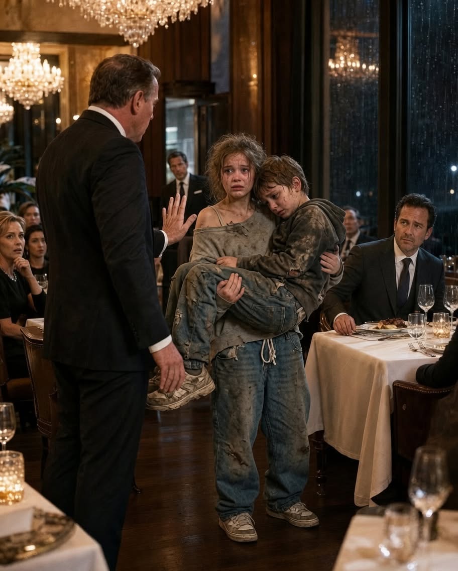 Victor Hail did not move. His hand remained frozen half an inch above the stem of his wine glass, his fingers hovering over the crystal like a trapped insect. He watched the little girl—no older than nine, with dirt smudged across her left cheek and rain soaking through the gray fleece of her oversized sweatshirt—stagger under the deadweight of the boy in her arms.