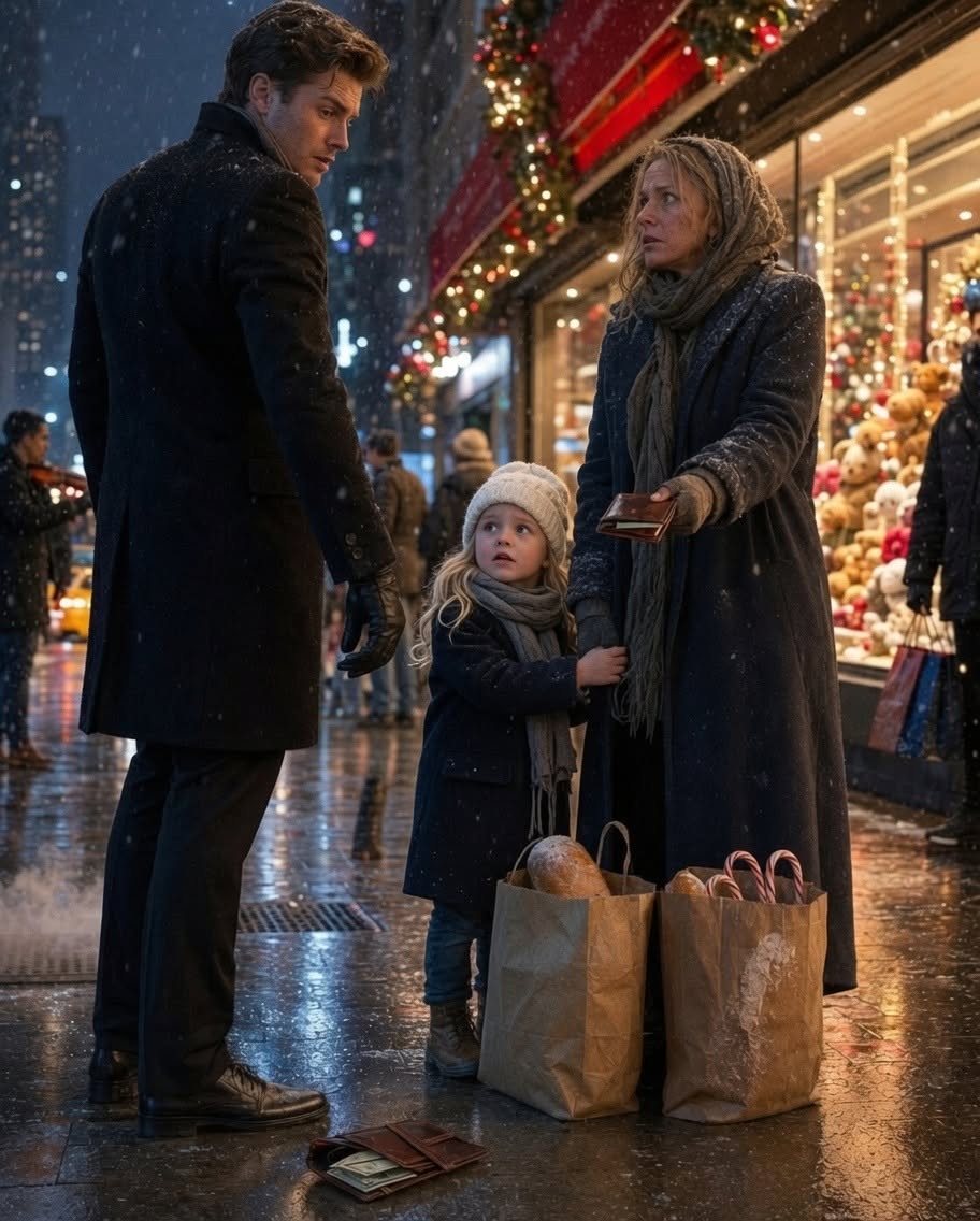 The Manhattan snow continued to fall, turning the frantic noise of Christmas Eve into a muffled backdrop. Ethan Walker didn’t move. He stood frozen, staring down at the little girl who had just dismantled his entire philosophy on human nature with a single sentence.
