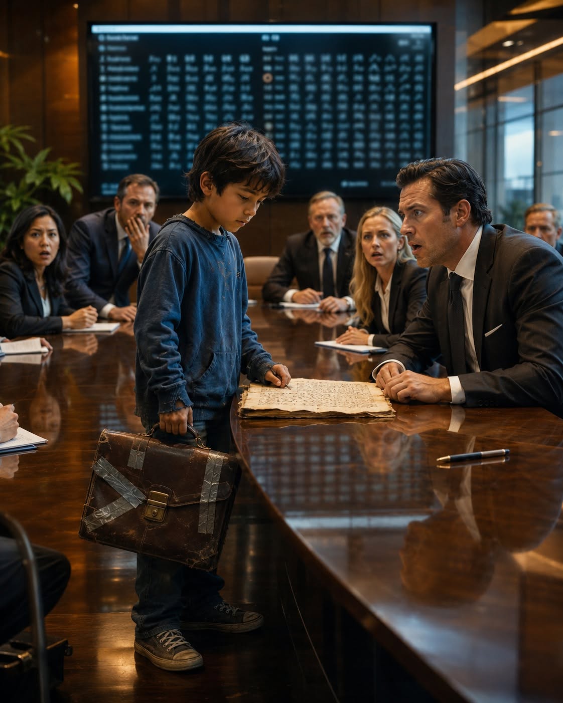 The crystal chandelier in the twenty-fourth-floor conference room hummed with a quiet, expensive frequency, but within forty seconds, the only sound in the room was the steady, rhythmic cadence of twelve-year-old Diego Ramirez’s voice.