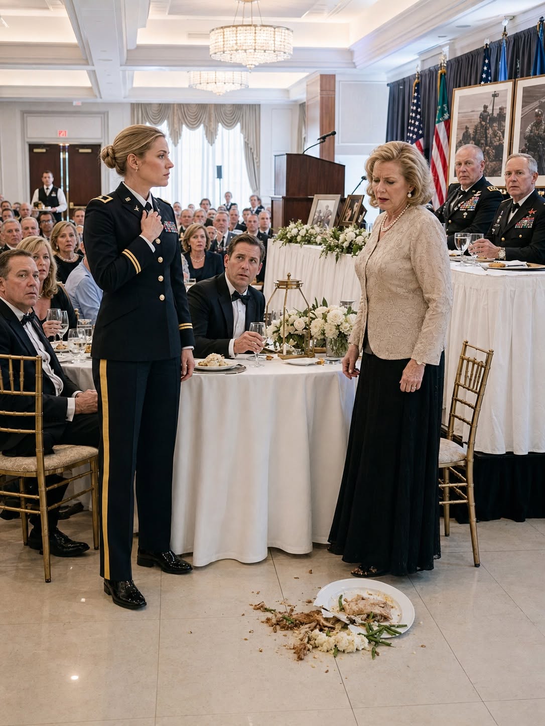 The plate hit the polished hotel ballroom floor with a sharp, shattering crack that instantly suffocated the murmurs of two hundred guests before the white porcelain could even stop spinning.