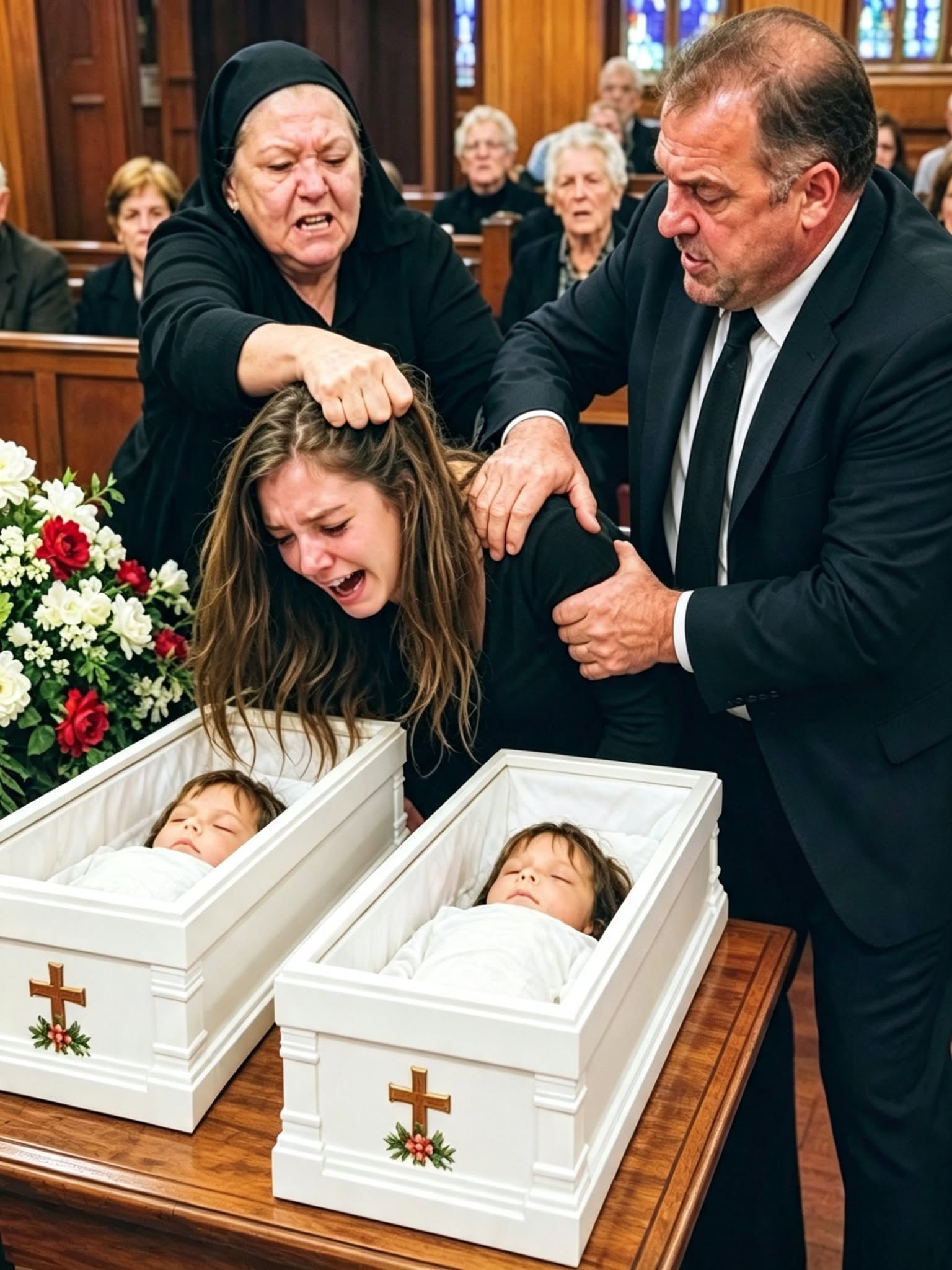 The heavy oak doors of the chapel echoed with the screech of wood against the stone floor as my mother-in-law, Eleanor, lunged toward the exit. But the pastor, a towering man with a voice like thunder, blocked her path, his hand raised in a solemn warning.