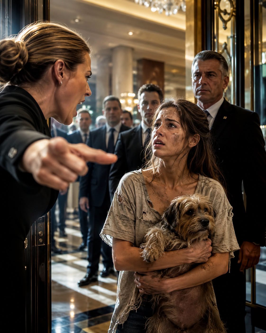The marble floor of the Sovereign lobby felt like ice beneath Rosie’s knees, but she didn’t move. Eighty pounds of broken, shivering mastiff pressed against her chest, soaking her ruined white dress in warm, metallic-smelling blood.