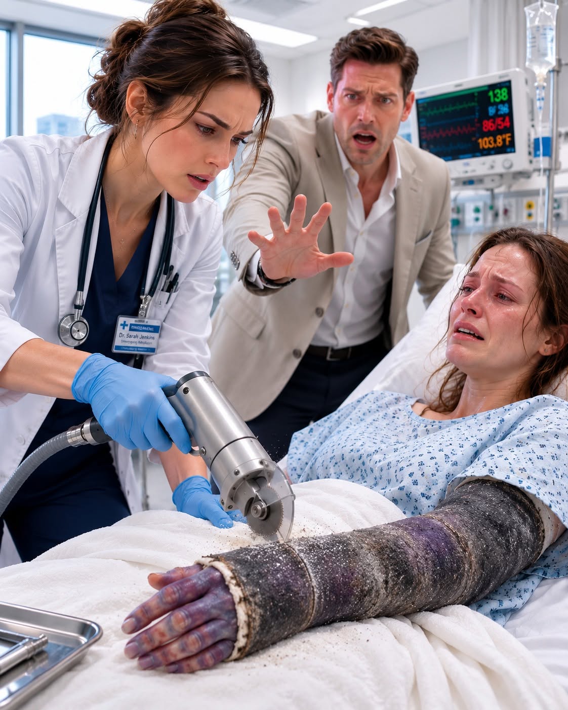 The hum of the electric saw was the only sound in Trauma Room 2. Daniel Harris backed away, his polished shoes scuffing against the sterile linoleum. His poise was gone, replaced by a frantic, hunted look.