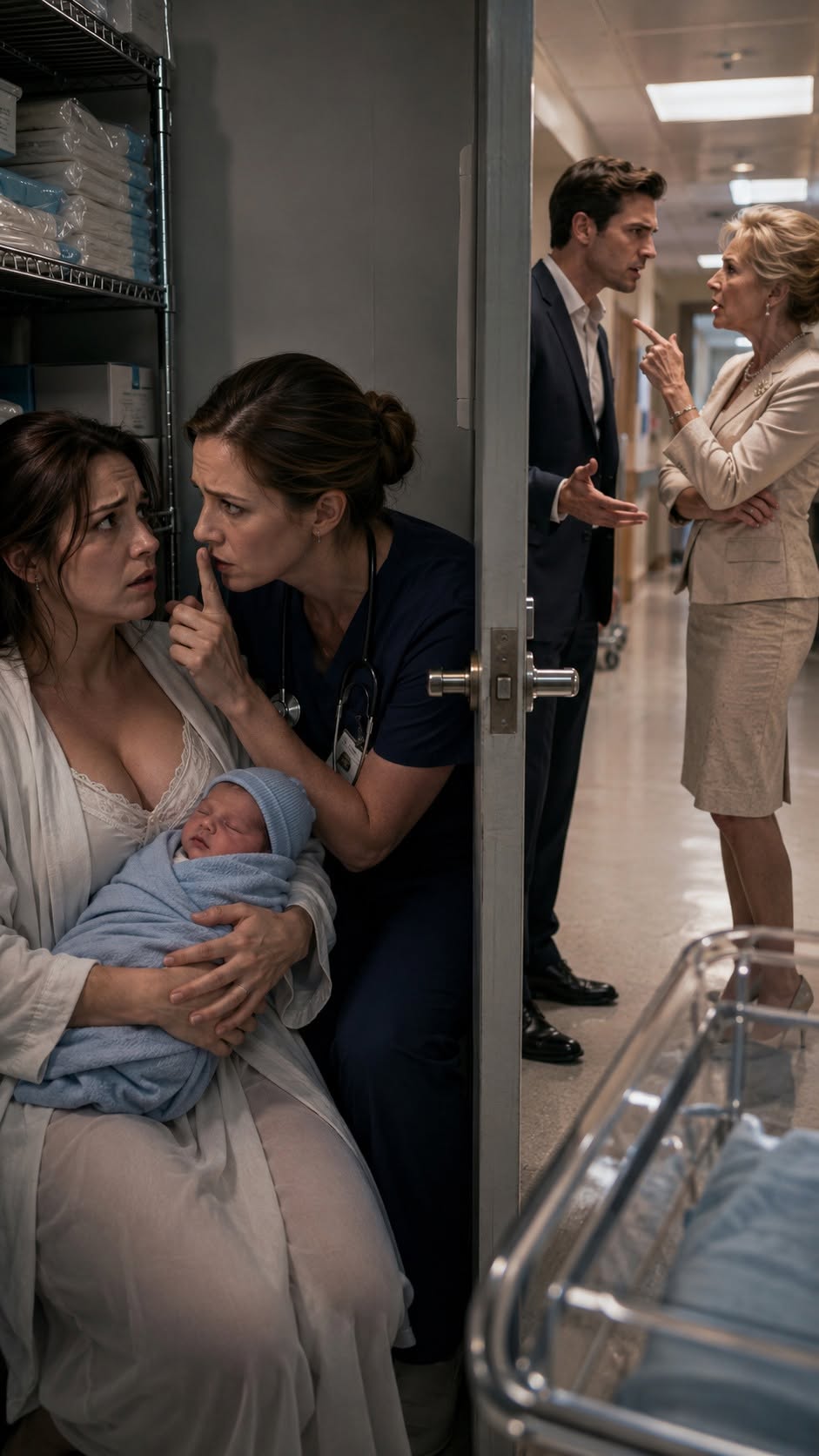 Evelyn’s fingers tapped rapidly against her scrub pocket, her expression locked in grim determination. The air inside the cramped storage closet smelled faintly of industrial detergent and powdered baby formula, a sterile scent that did little to calm the rising panic clawing at my throat.