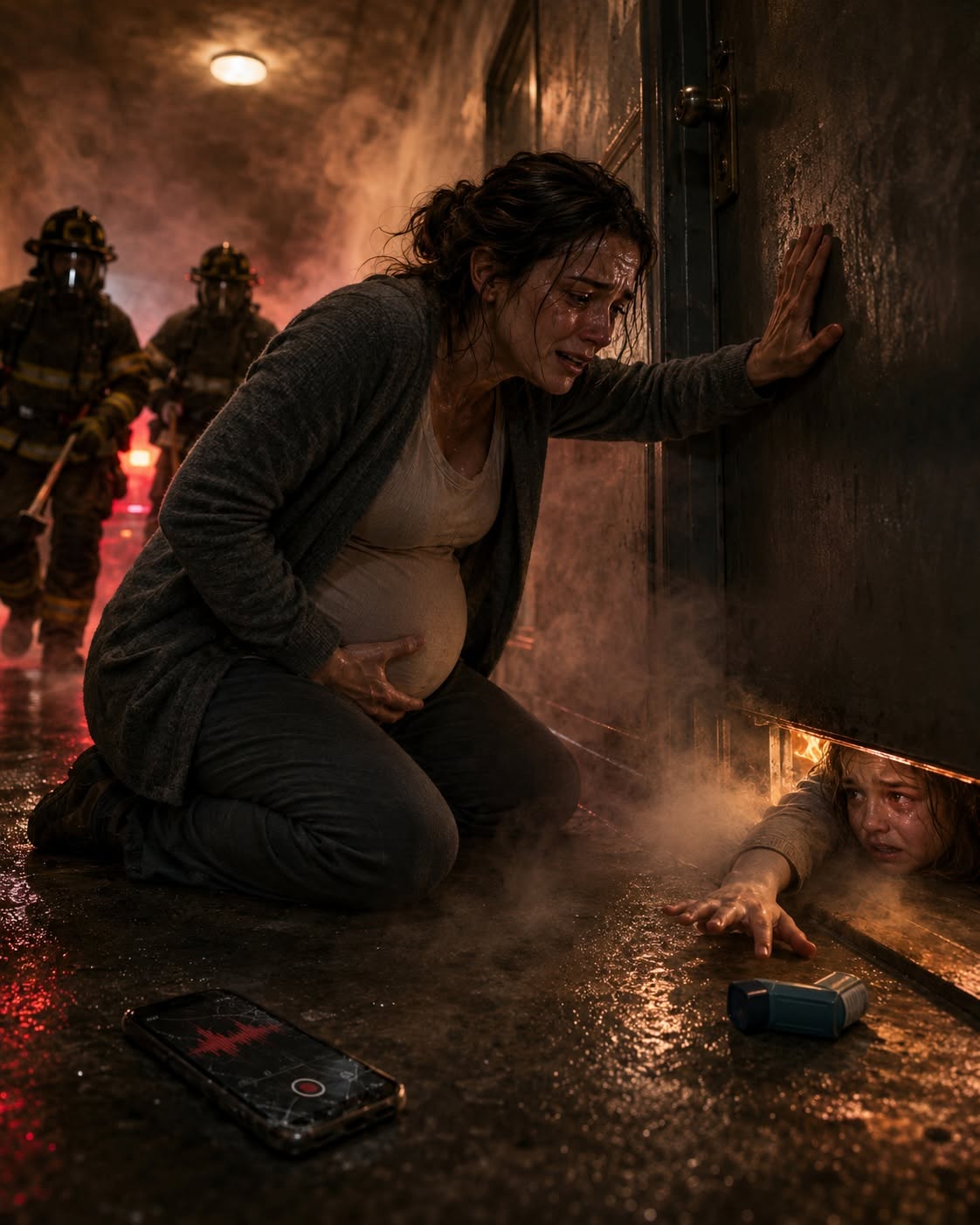 The ambulance doors slammed shut, swallowing the wailing sirens as they pulled away from the curb, leaving behind the acrid stench of scorched plastic and water-logged drywall. Claire Morgan stood in the shivering dampness of the pre-dawn rain, her dressing gown soaked, clutching her 34-week pregnant stomach with both hands. Her knuckles were stark white.