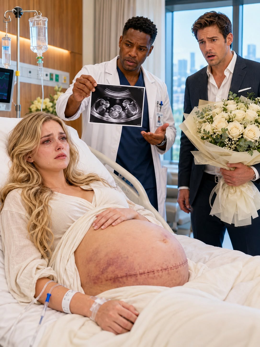 The hospital room smelled sharply of bleach and antiseptic, a stark contrast to the suffocating scent of the white roses scattered across the linoleum floor. Flynn remained frozen beside the bed, his broad shoulders slumped, the formidable CEO of Vance Global reduced to a hollow, trembling shell.