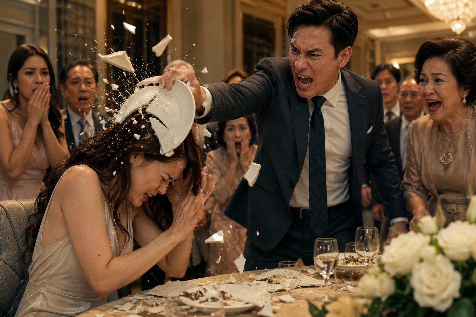 You selfish little parasite!”  My husband’s voice ripped through the dining room.  A second later, the plate struck the left side of my head.  The impact sounded like a gunshot.  Porcelain exploded against my temple.