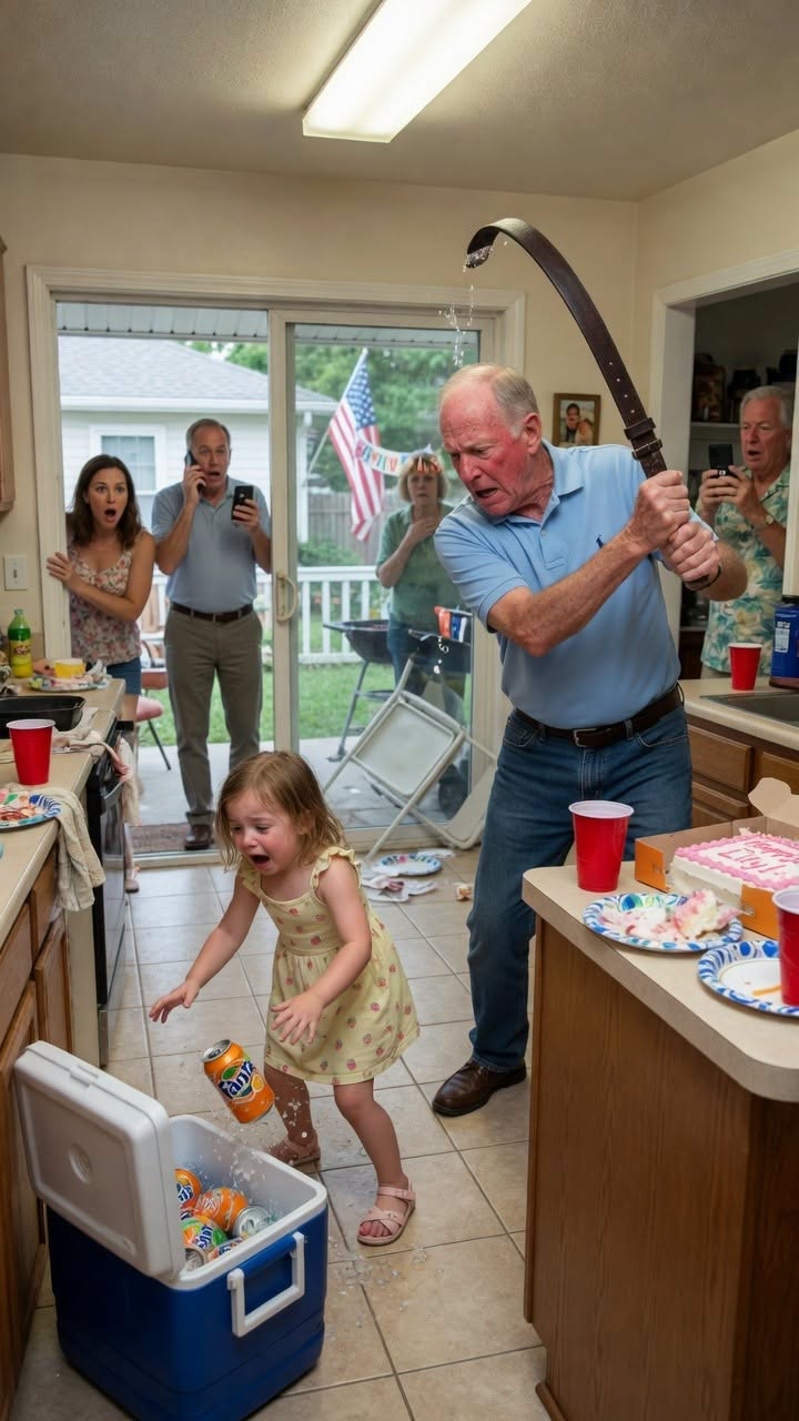 The heavy scent of grilled meat and stale beer still hung thick in the humid air, but inside the kitchen, the temperature had plummeted to a bone-chilling zero. Rebecca Hutchinson stood frozen by the pantry door, her phone clutched so tightly in her palm that her knuckles ached. On the floor beside the overturned aluminum cooler, three-year-old Lily let out a soft, whimpering cough, her tiny fingers clutching her bruised shoulder.