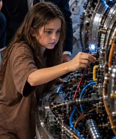 The silence in the CrossTech laboratory was absolute, save for the rhythmic, ominous ticking of the Prometheus Engine’s cooling core. Ten-year-old Lily Bennett didn’t flinch as she kept her small finger pressed precisely against the micro-welded titanium bypass valve.