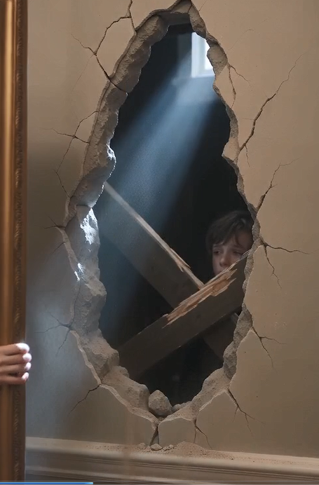The heavy golden frame groaned under Emma’s push, pivoting on hidden iron hinges to reveal a passage cut directly into the foundation. Cold, damp air rushed out, carrying the faint scent of copper and mold. Beyond the opening, a narrow stone staircase spiraled down into pitch darkness. Her heart hammering against her ribs, Emma pulled off her yellow rubber gloves, pulled out her phone, and switched on the flashlight.