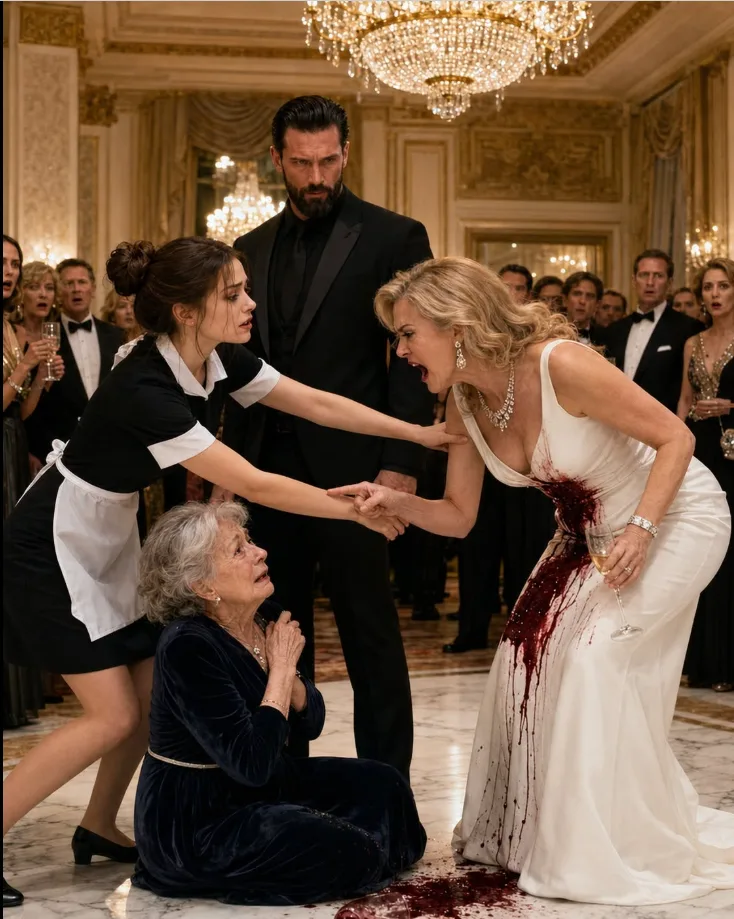 The crystal chandelier overhead hummed with a quiet, expensive indifference, casting diamond-like reflections across the ballroom floor. Three hundred of the city’s elite—men in bespoke tuxedos smelling of aged scotch and expensive cologne, women draped in jewels that could fund a small nation—had frozen mid-breath.