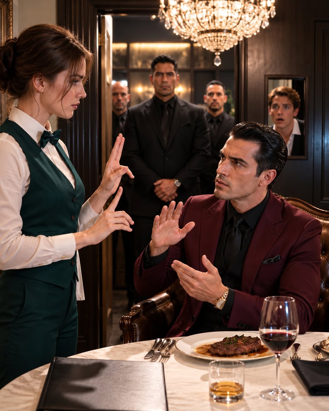 Brett’s hand was still frozen on the brass doorknob, his knuckles turning white as the sheer, suffocating gravity of the room washed over him. The three men in bespoke dark suits didn’t draw weapons; they didn't need to. Their mere physical presence—broad-shouldered, immovable, radiating cold menace—turned the private dining room into an airless vault.