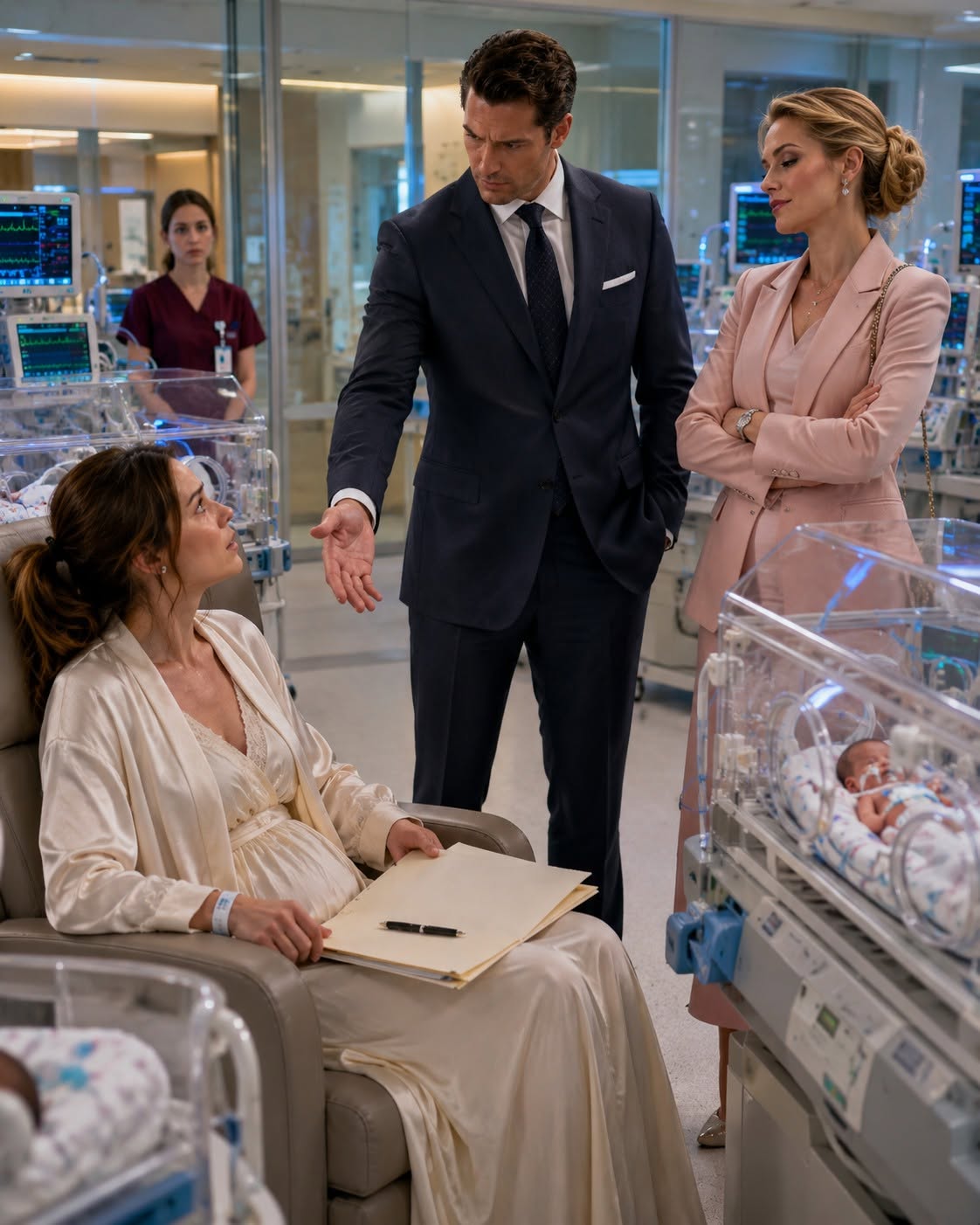 The heavy double doors of the Saint Aurelia Neonatal Intensive Care Unit burst open with a resounding thud that echoed off the sterile glass walls. Dominic didn’t even have time to turn his head before six imposing men in dark tactical suits, led by the hospital’s head of executive security, flooded the room.