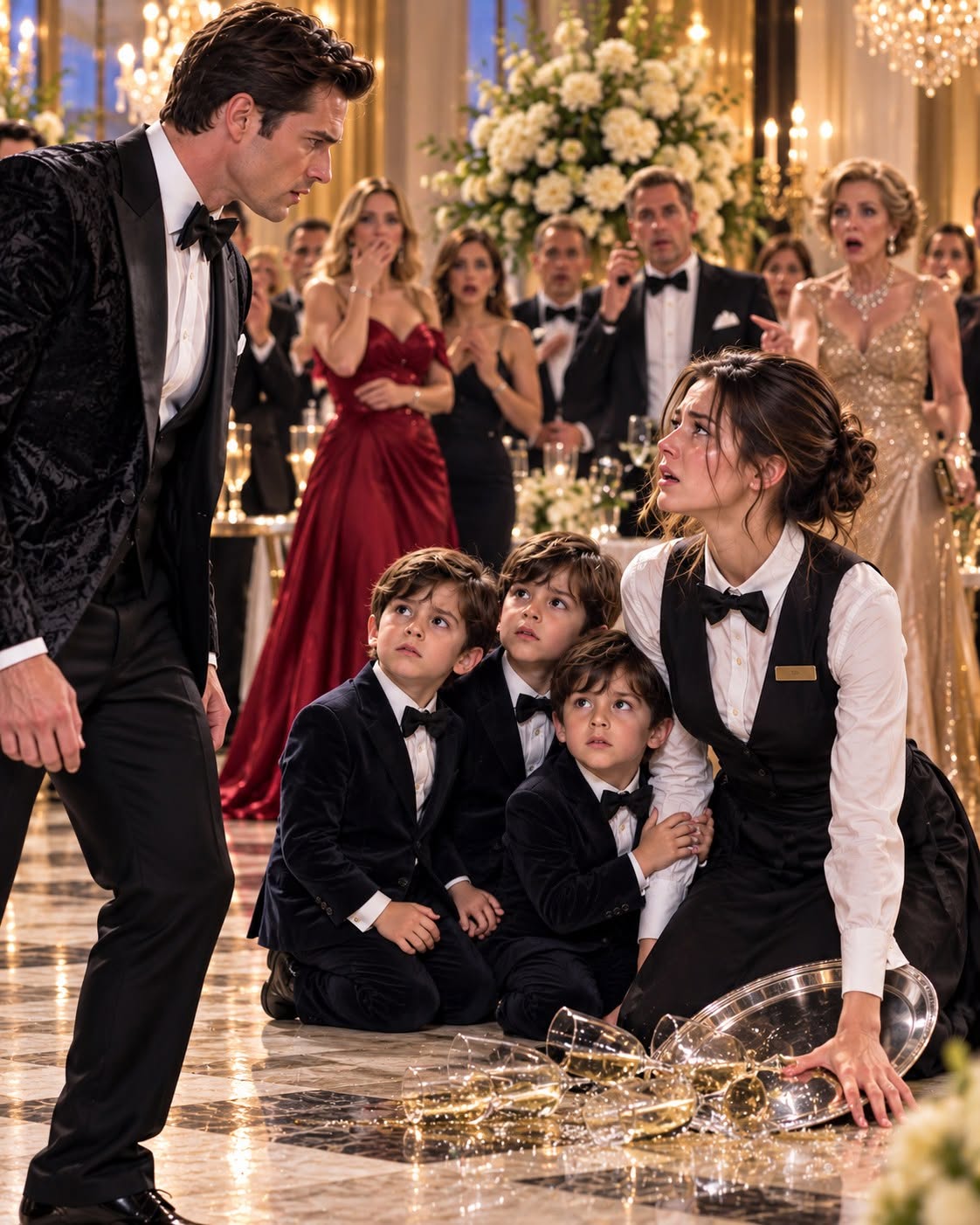 The sound of crystal shattering against the polished marble floor echoed through the grand ballroom like a gunshot. Champagne spilled across the hem of Claire’s crisp white uniform, but neither of us moved. High-society donors, board members, and billionaire executives turned their heads, whispering behind silk gloves and champagne flutes. I didn't care about any of them. My entire universe had shrunk to the woman standing three feet away from me and the three identical boys standing at her side.