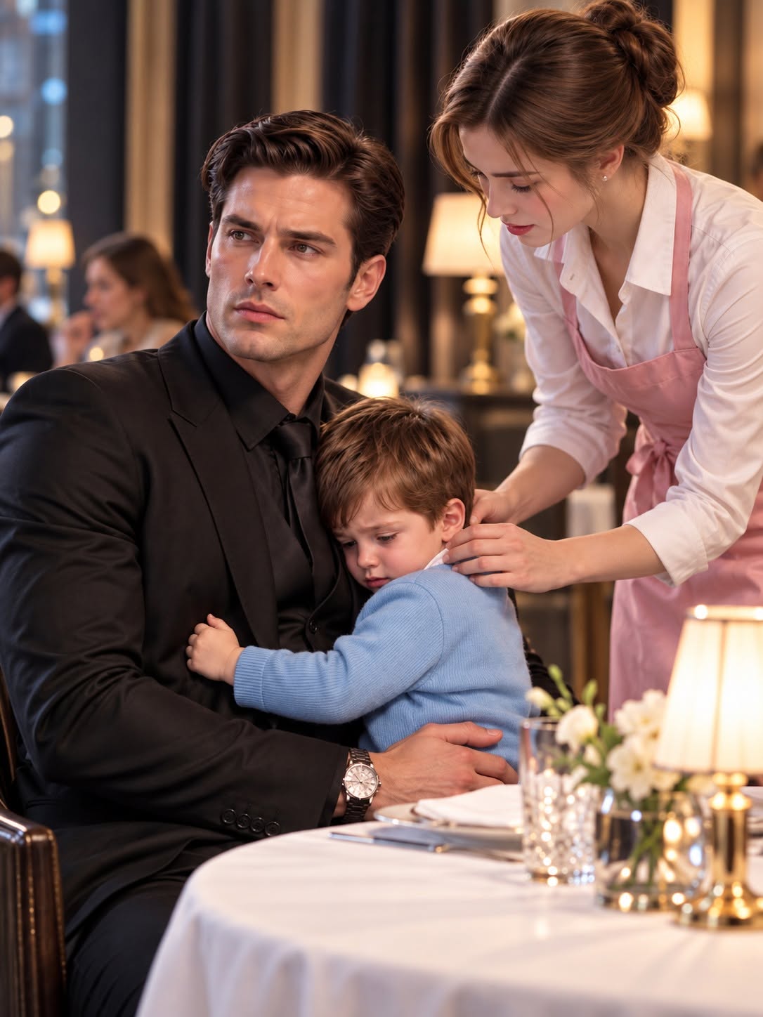 Rico’s hand froze a millimeter from his holster, his cold blue eyes locking onto the young waitress standing unfazed before the most feared table in Brooklyn. Clara didn't shrink back. She didn't drop her gaze. Instead, she slowly knelt down on the cold marble floor until she was eye-level with the trembling, screaming three-year-old.
