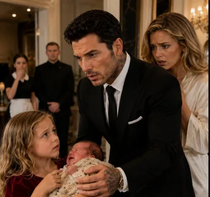 The silence in the dining room felt heavier than the marble beneath Rocco’s boots. His dark eyes flickered from Valentina’s retreat to the tiny infant in eight-year-old Sophia’s arms. The hospital bracelet—a faded band of clinical plastic—sat against the baby’s skin like a ticking bomb.
