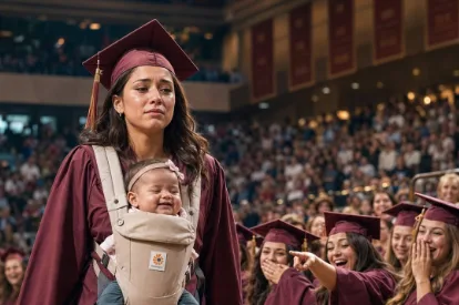 The applause slowly faded as Maya stepped off the graduation stage, the heavy wooden steps creaking beneath her feet. Little Lily stirred against her chest, letting out a soft yawn that sounded entirely too peaceful given the emotional hurricane that had just swept through the auditorium.