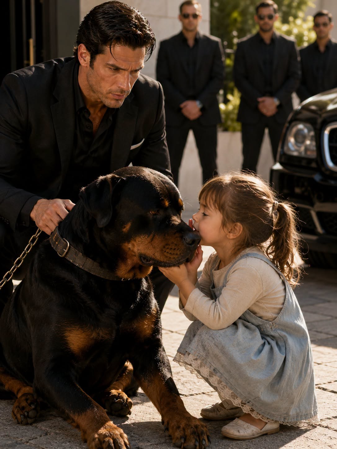 The Mafia boss had watched trained soldiers freeze in fear when Phantom bared his teeth, yet on the coldest night of the year, a homeless little girl walked directly into the dog’s killing zone without fear, leaned closer to his massive head, and whispered a single word that nobody in the courtyard could understand.