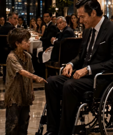 A dirty little boy walked into a luxury restaurant and approached a billionaire sitting in a wheelchair.