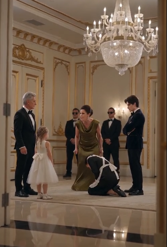 "Woman: You! You stole my diamond necklace! Maid: No! I swear I didn't!