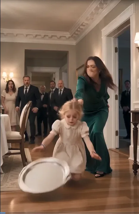 The Fiancée forcefully tugs Sorrel’s ankle chain backward as the little girl carries a serving tray toward the dining table. Sorrel loses her footing and falls hard onto the floor.